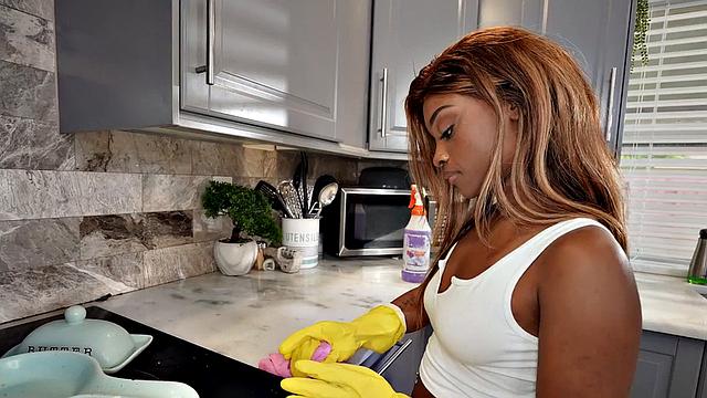 Curvy ebony maid gagging on boss's cock before riding it