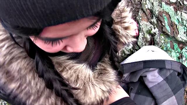 A emo chick get pounded hard in the woods while wearing glasses and earrings