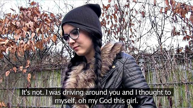 A emo chick get pounded hard in the woods while wearing glasses and earrings