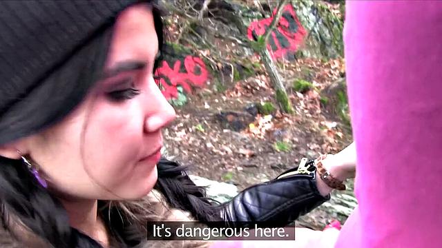 A emo chick get pounded hard in the woods while wearing glasses and earrings
