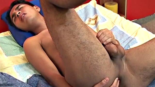 Amateur Latin twink fingers ass and jerks cock in solo action