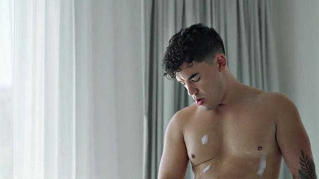 Athletic jock rimmed, sucked, and fucked in bareback 3some