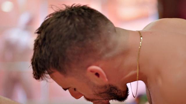 Athletic jock rimmed, sucked, and fucked in bareback 3some