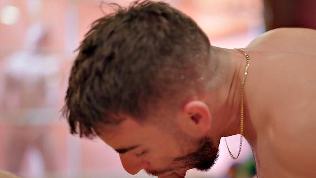 Athletic jock rimmed, sucked, and fucked in bareback 3some