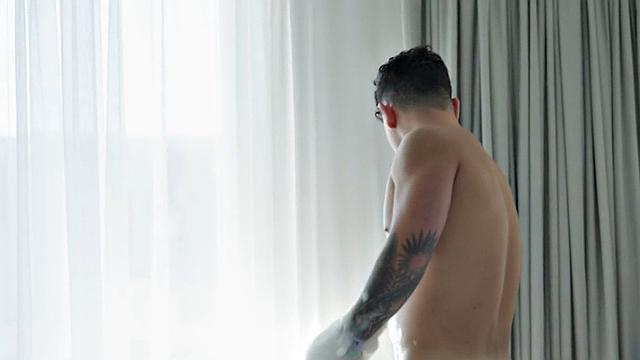 Athletic jock rimmed, sucked, and fucked in bareback 3some