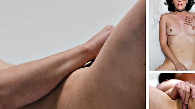 Cutie gently jerking pussy with fingers