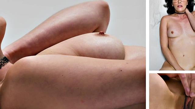 Cutie gently jerking pussy with fingers