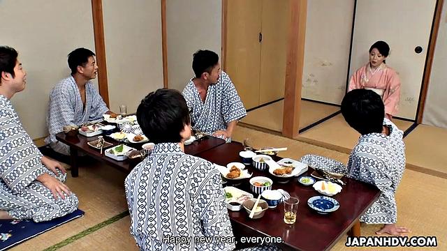 Hikaru Kirishima in her kimono as the hostess of an office party orgy