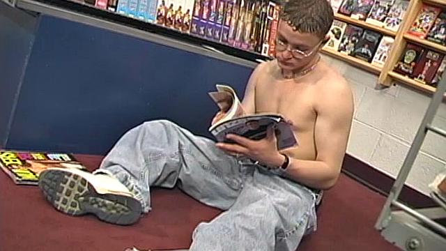 This video is an artistically edited compilation of four solo jerk off sessions. 19 year old Tryvor works at an adult video store, stocking shelves, when he strokes his meat to a climax on the store floor.