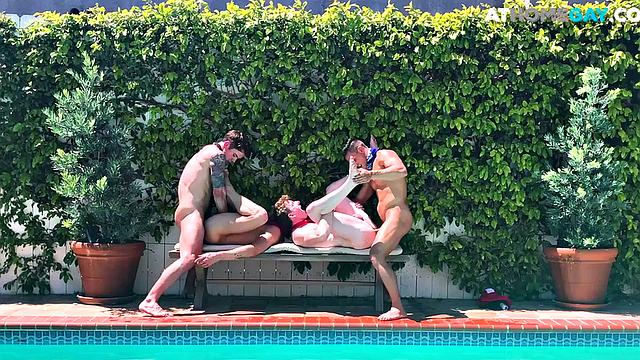 Home studs enjoy outdoor pool orgy with jock