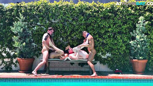Home studs enjoy outdoor pool orgy with jock