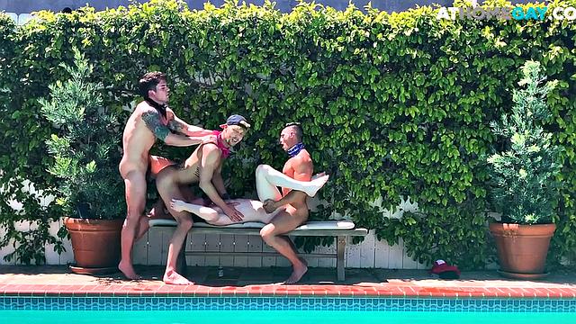 Home studs enjoy outdoor pool orgy with jock