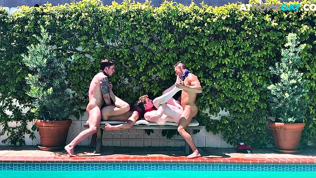 Home studs enjoy outdoor pool orgy with jock