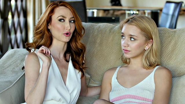 Redhead MILF with huge tits gets fingered and licked by two hot babes in thong and nipples