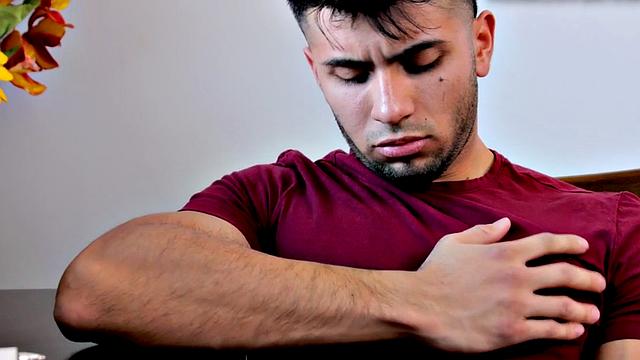 Amateur college stud stroking his dick in close-up action