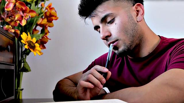 Amateur college stud stroking his dick in close-up action