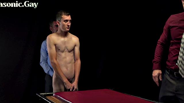 Dominant gay Masons fuck oiled skinny twink in 3some