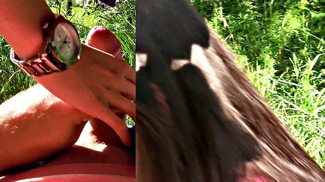 Cash convinces slim beauty to fuck outdoors in glasses