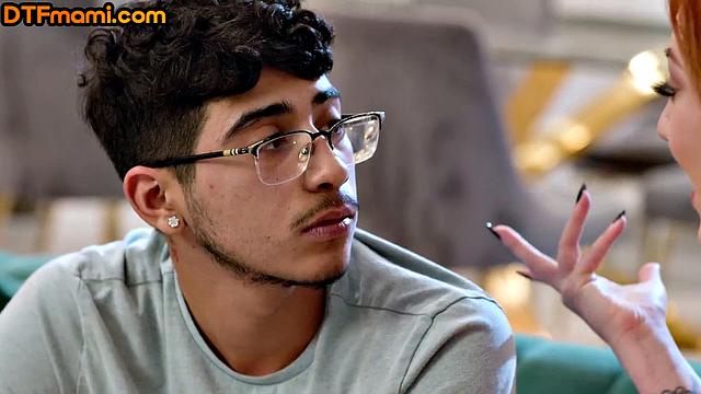 Curvy auburn cockriding on stepson