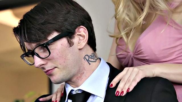 Office sex with a busty secretary with glasses and pussy jizzed on the table