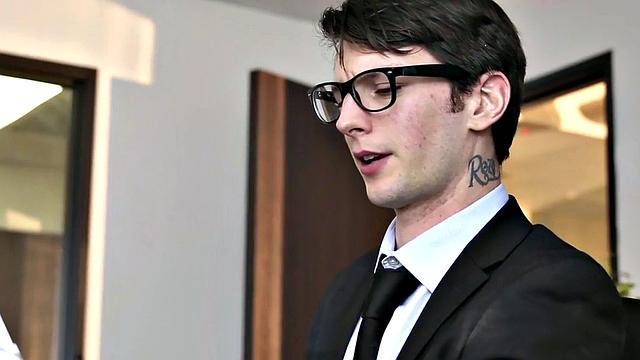 Office sex with a busty secretary with glasses and pussy jizzed on the table