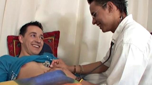 The young Latin doctor examines patient and determines he is healthy and ready for action, demonstrates by going down on his big uncut cock.