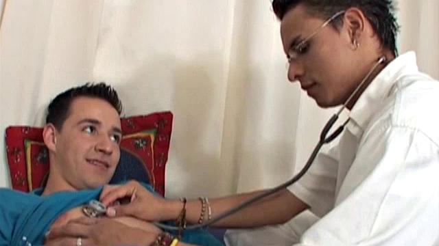 The young Latin doctor examines patient and determines he is healthy and ready for action, demonstrates by going down on his big uncut cock.