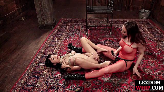 Suspended lez whipped by lezdom