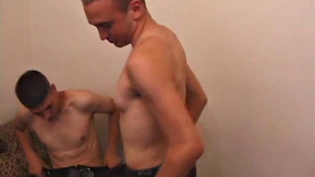 Aaron Towley is back for his first time with a guy and Trent Knight is the guy to take his man cherry. Happy to be there with Aaron, you can see Trent's cock bulging out through his pants.