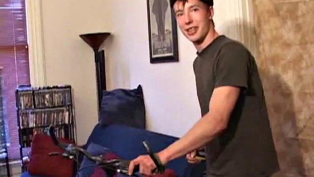 Returning from a ride on his bike Andrew Patterson starts a porn video and strips off his clothes. A little lube helps in the stroking department, and when he's ready Andrew pumps his warm cum load.