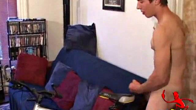 Returning from a ride on his bike Andrew Patterson starts a porn video and strips off his clothes. A little lube helps in the stroking department, and when he's ready Andrew pumps his warm cum load.