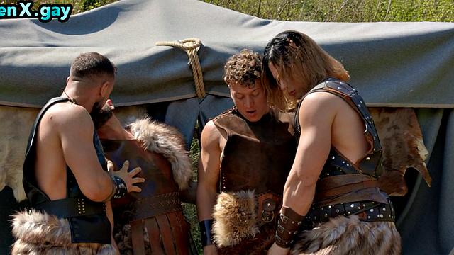 Manly Vikings at outdoor camp in wild 4some