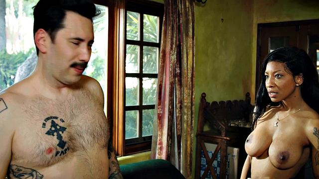 Inked ebony babe gets cumshot on her ass after cockriding