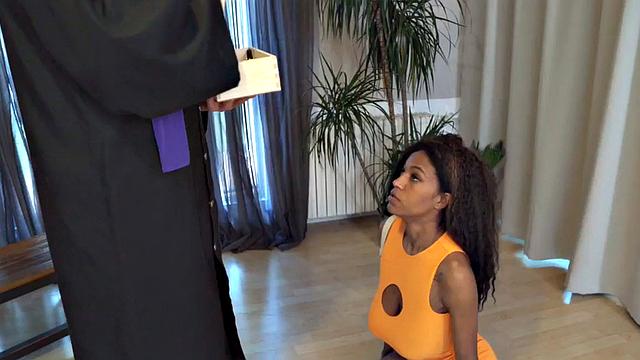 Fake priest fucks ebony slut while her BF watches