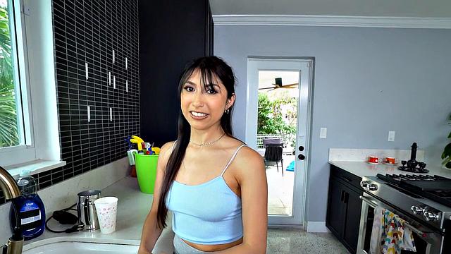 Petite Asian maid throat and pussyfucked by boss for cash