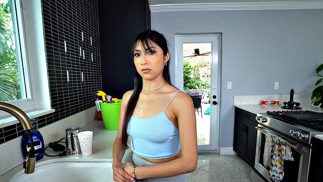 Petite Asian maid throat and pussyfucked by boss for cash