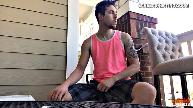 Our featured solo boy of the week is Cole Summers. Seated outside, he frequently looks over his shoulders as his stiff dick comes out and he begins stroking.