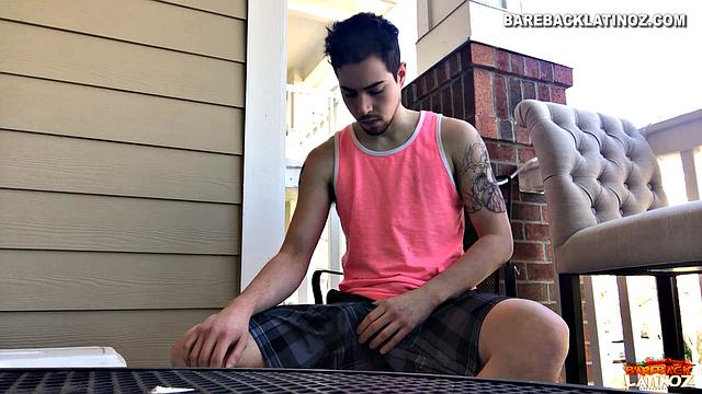 Our featured solo boy of the week is Cole Summers. Seated outside, he frequently looks over his shoulders as his stiff dick comes out and he begins stroking.