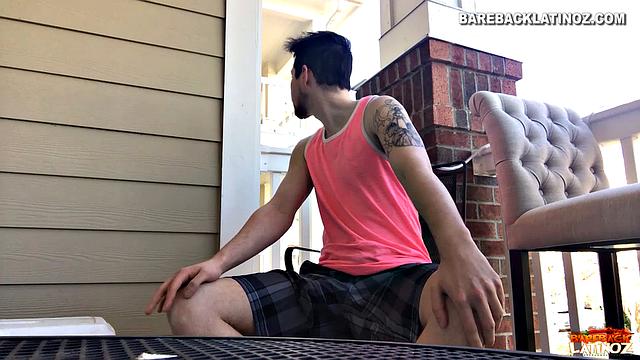 Our featured solo boy of the week is Cole Summers. Seated outside, he frequently looks over his shoulders as his stiff dick comes out and he begins stroking.