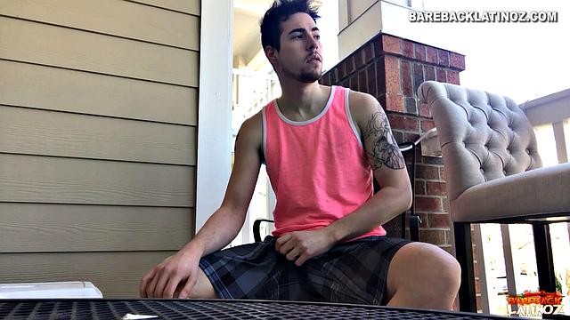 Our featured solo boy of the week is Cole Summers. Seated outside, he frequently looks over his shoulders as his stiff dick comes out and he begins stroking.