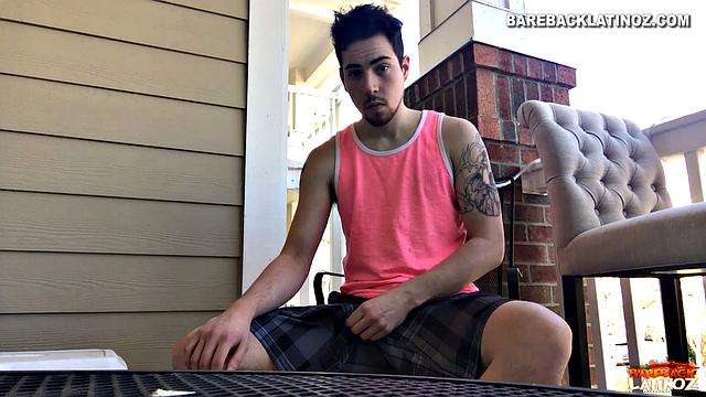Our featured solo boy of the week is Cole Summers. Seated outside, he frequently looks over his shoulders as his stiff dick comes out and he begins stroking.