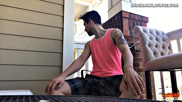 Our featured solo boy of the week is Cole Summers. Seated outside, he frequently looks over his shoulders as his stiff dick comes out and he begins stroking.