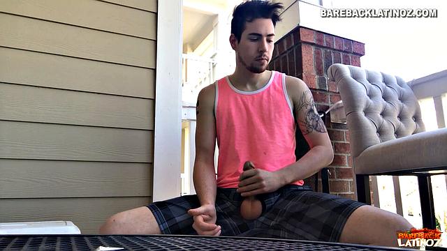 Our featured solo boy of the week is Cole Summers. Seated outside, he frequently looks over his shoulders as his stiff dick comes out and he begins stroking.