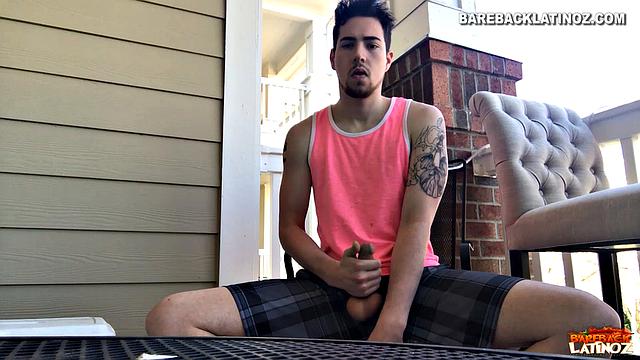 Our featured solo boy of the week is Cole Summers. Seated outside, he frequently looks over his shoulders as his stiff dick comes out and he begins stroking.