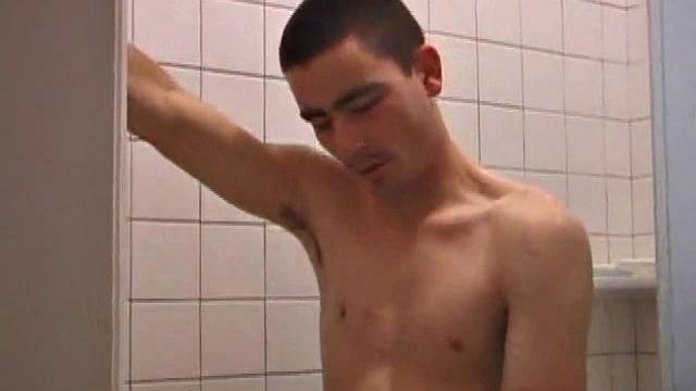 As Dan takes a shower he soaps down his wet naked body, working up a good lather and nice big boner. After edging himself a few times, he's squirting out a monster cum gusher.