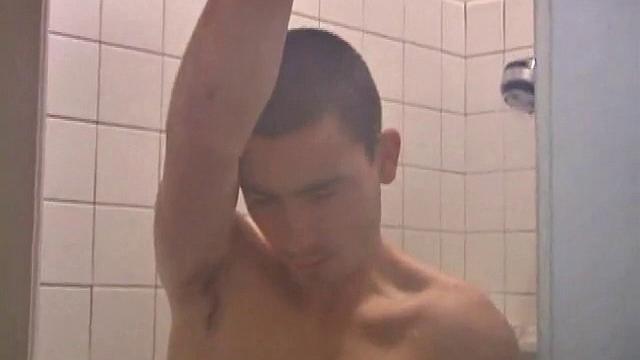 As Dan takes a shower he soaps down his wet naked body, working up a good lather and nice big boner. After edging himself a few times, he's squirting out a monster cum gusher.