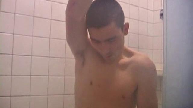 As Dan takes a shower he soaps down his wet naked body, working up a good lather and nice big boner. After edging himself a few times, he's squirting out a monster cum gusher.