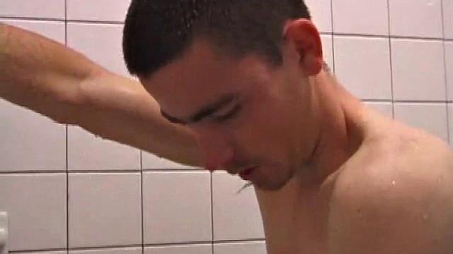 As Dan takes a shower he soaps down his wet naked body, working up a good lather and nice big boner. After edging himself a few times, he's squirting out a monster cum gusher.