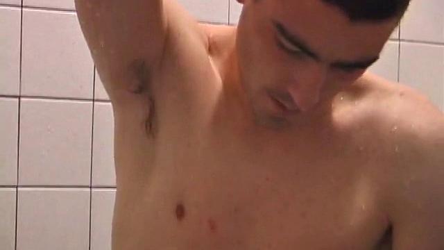 As Dan takes a shower he soaps down his wet naked body, working up a good lather and nice big boner. After edging himself a few times, he's squirting out a monster cum gusher.