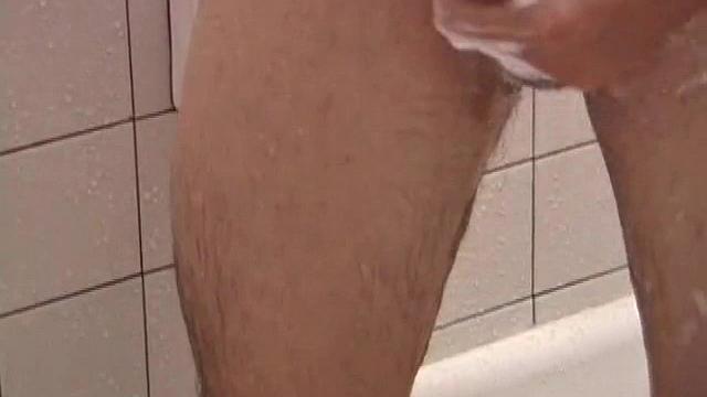 As Dan takes a shower he soaps down his wet naked body, working up a good lather and nice big boner. After edging himself a few times, he's squirting out a monster cum gusher.